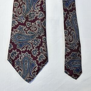 Men's 100% Silk Tie Hand Sewn 4” Burgundy Blue Paisley JUSTIN DAVID Tradition
